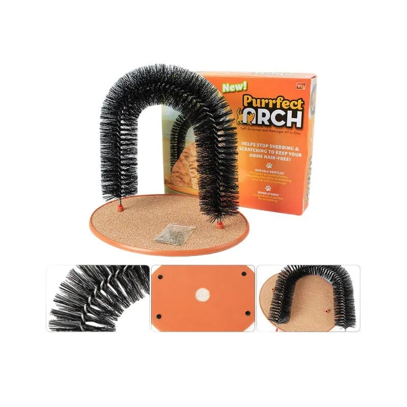 Arched cat grooming toy with built-in brush for scratching and self-grooming