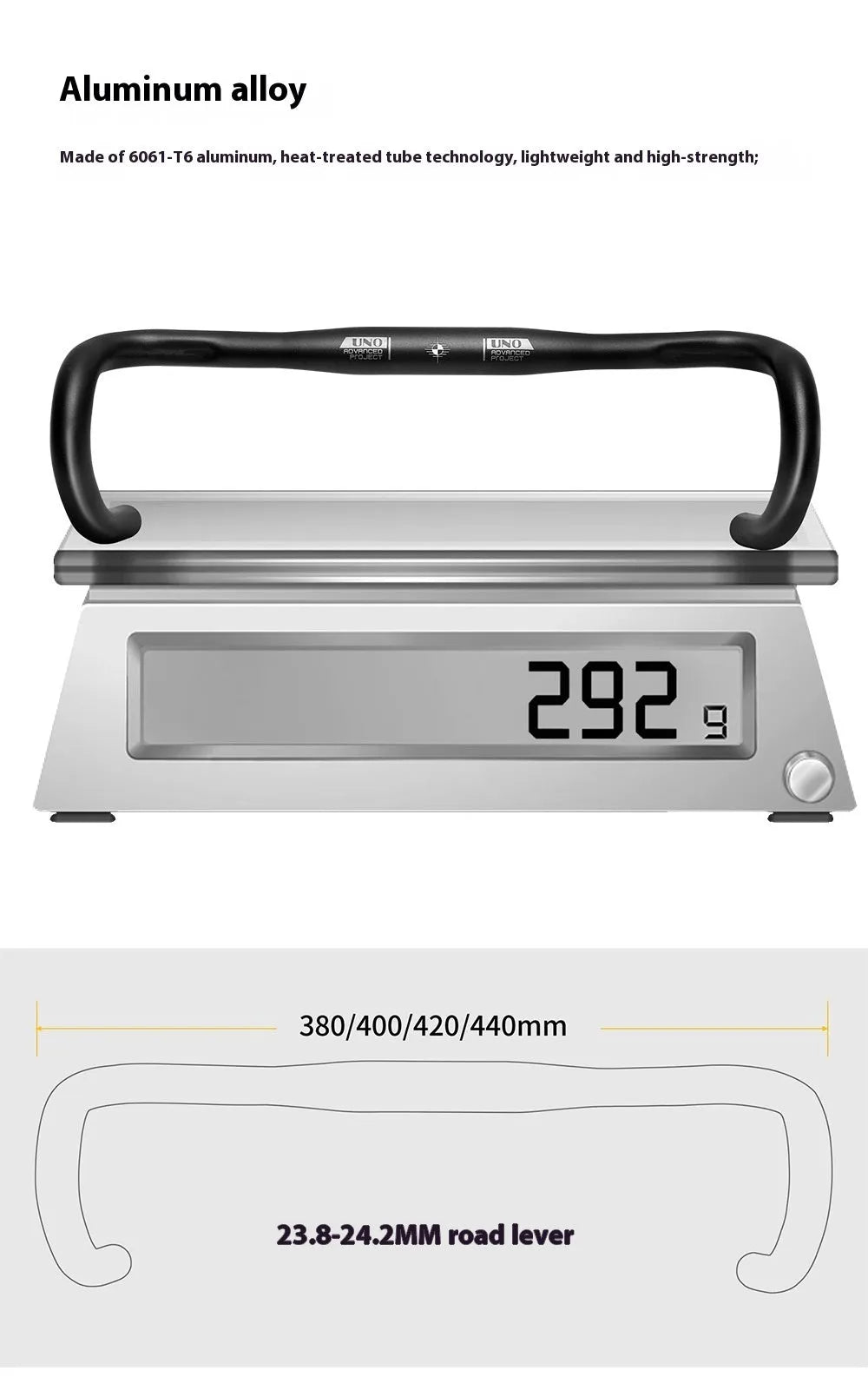 Black aluminium alloy road bike bent handlebar shown with four width size options: 380mm, 400mm, 420mm, and 440mm.