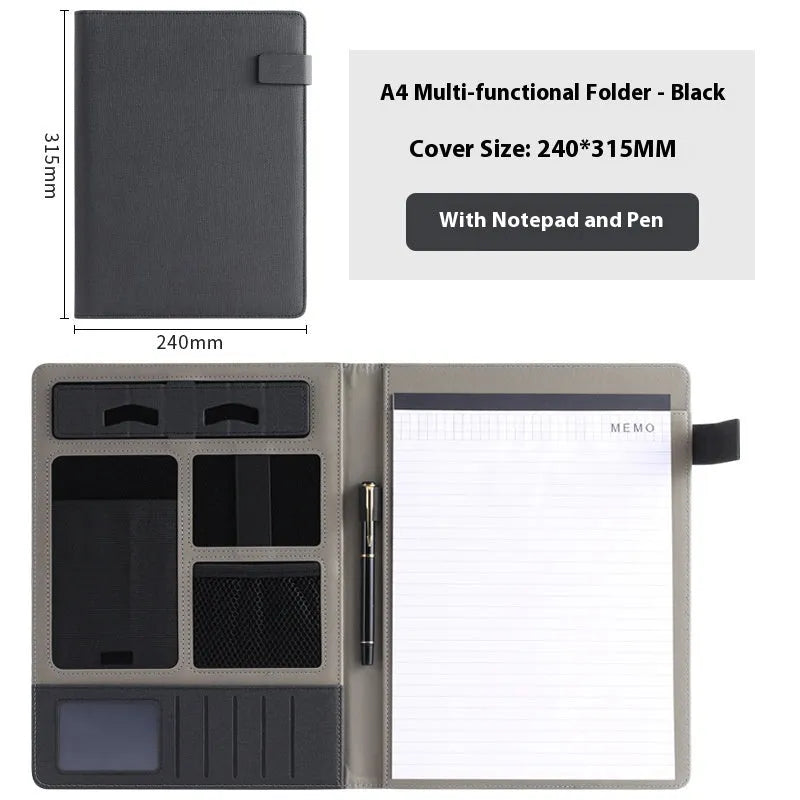 A4 leather business folder in black colour showing document storage and accessory features