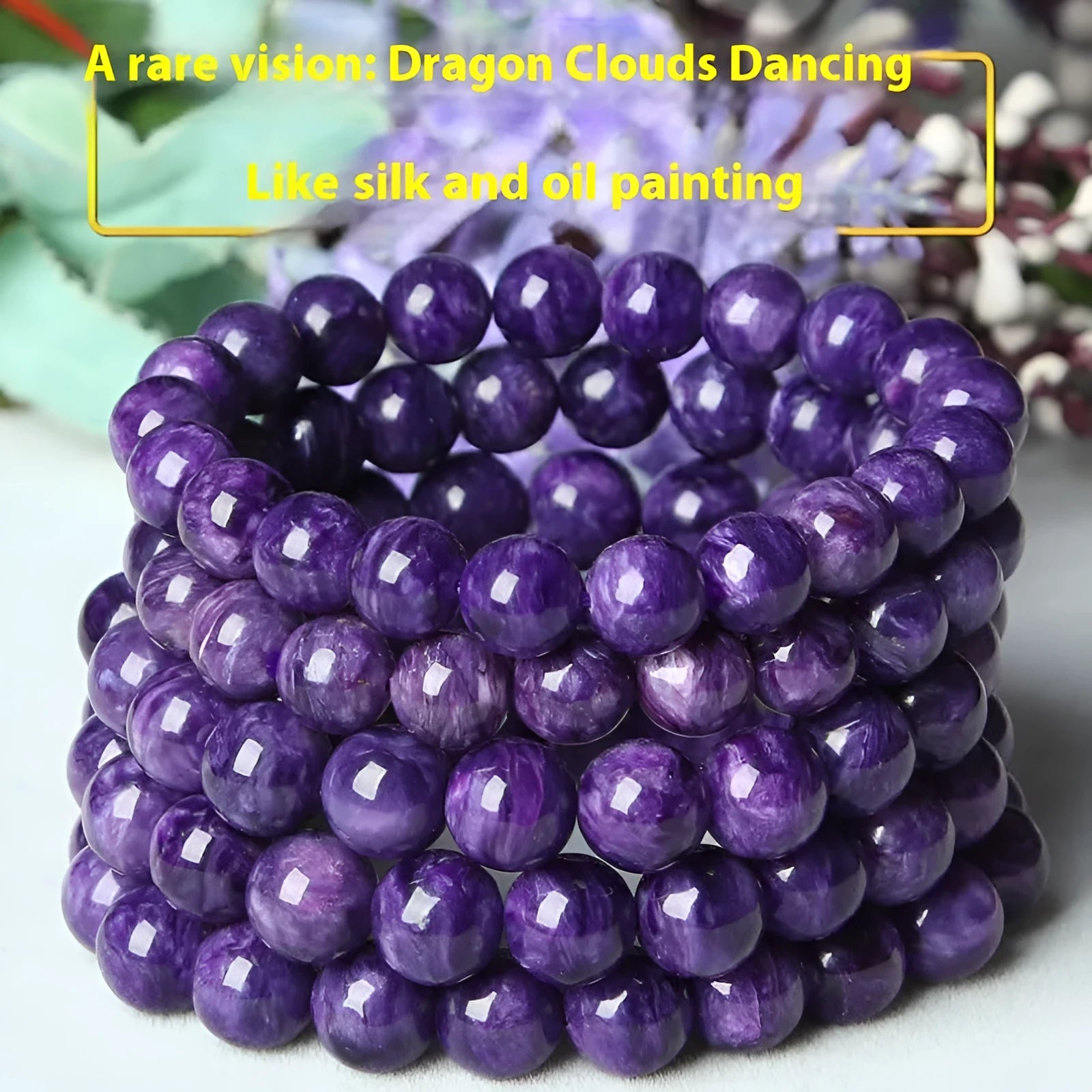 Natural transparent charoite crystal bracelet with platinum finish, showing different bead size options on a wrist.