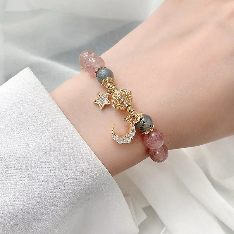 Natural stone bracelet with crystal beads and star moon alloy charms for women, retro pastoral style
