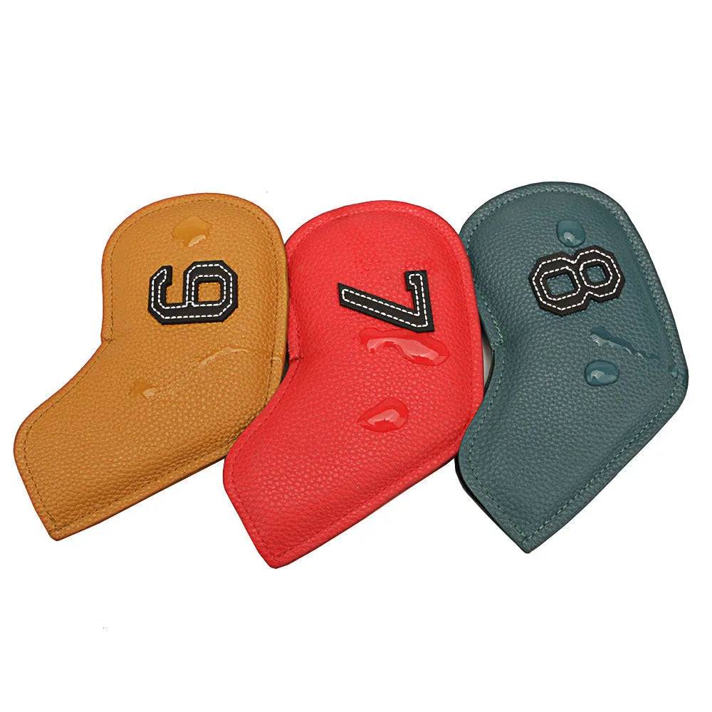 Set of 10 colourful digital print golf club head covers in PU leather for driver, woods, and irons
