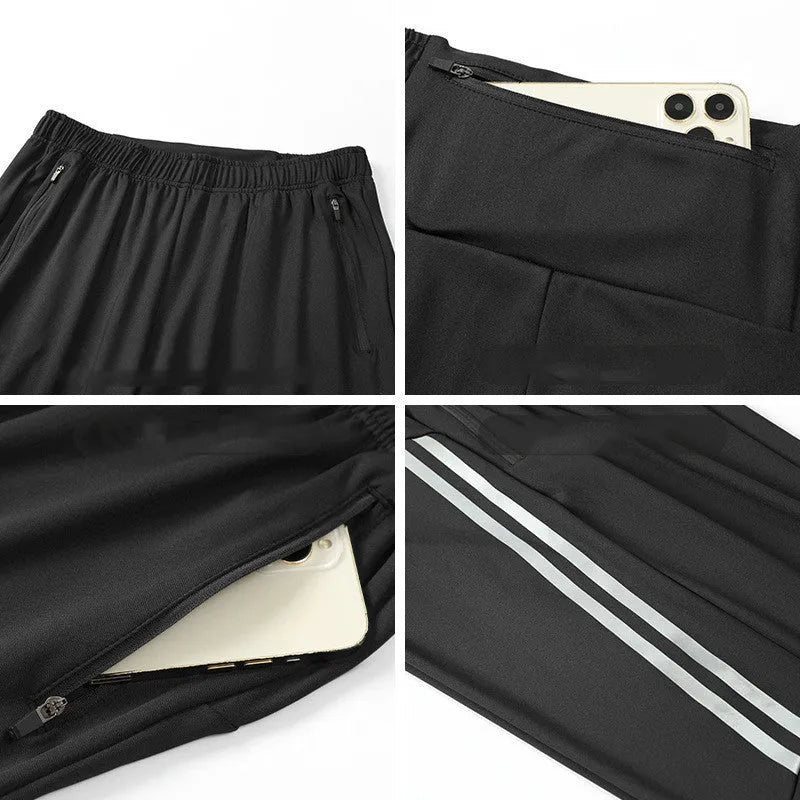 Men's black running trousers with mid waist fit and breathable polyester construction