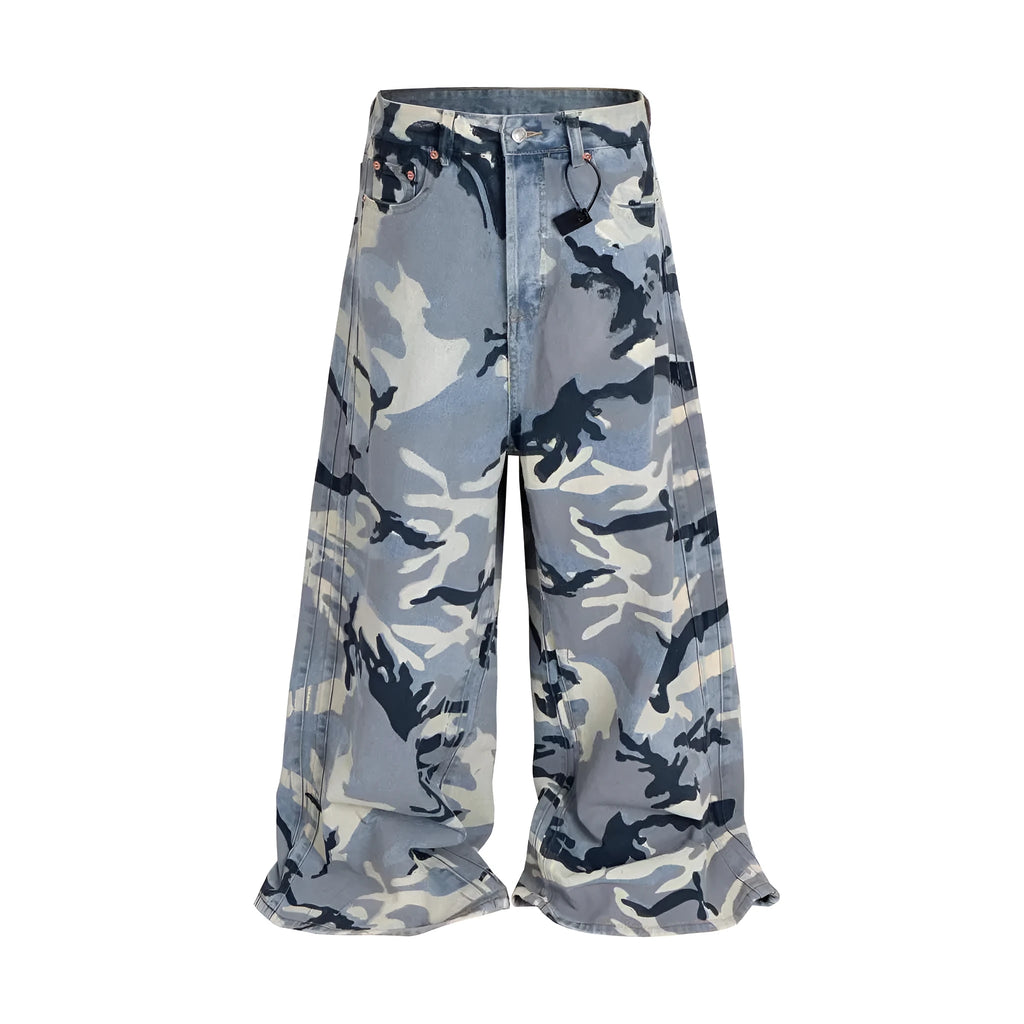 Snow camouflage blue loose-fit jeans with a mid-waist, shown flat.