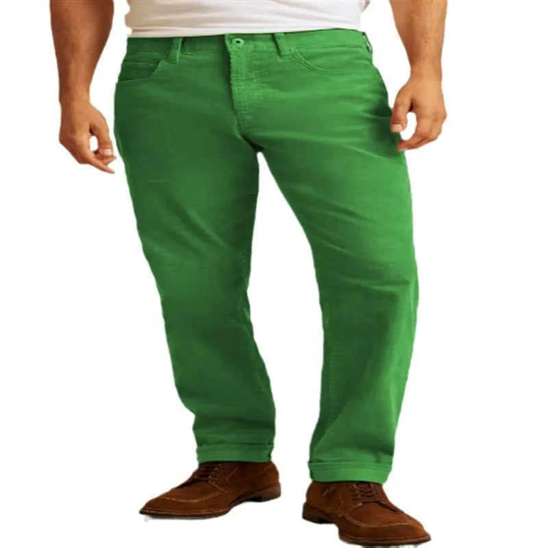 Straight leg corduroy casual trousers in army green colour showing mid waist and zip placket detail.