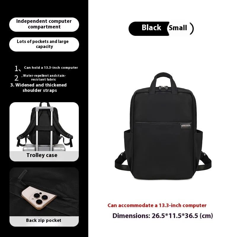 Large nylon women's travel backpack in apricot colour showing internal laptop compartment and multiple pockets.
