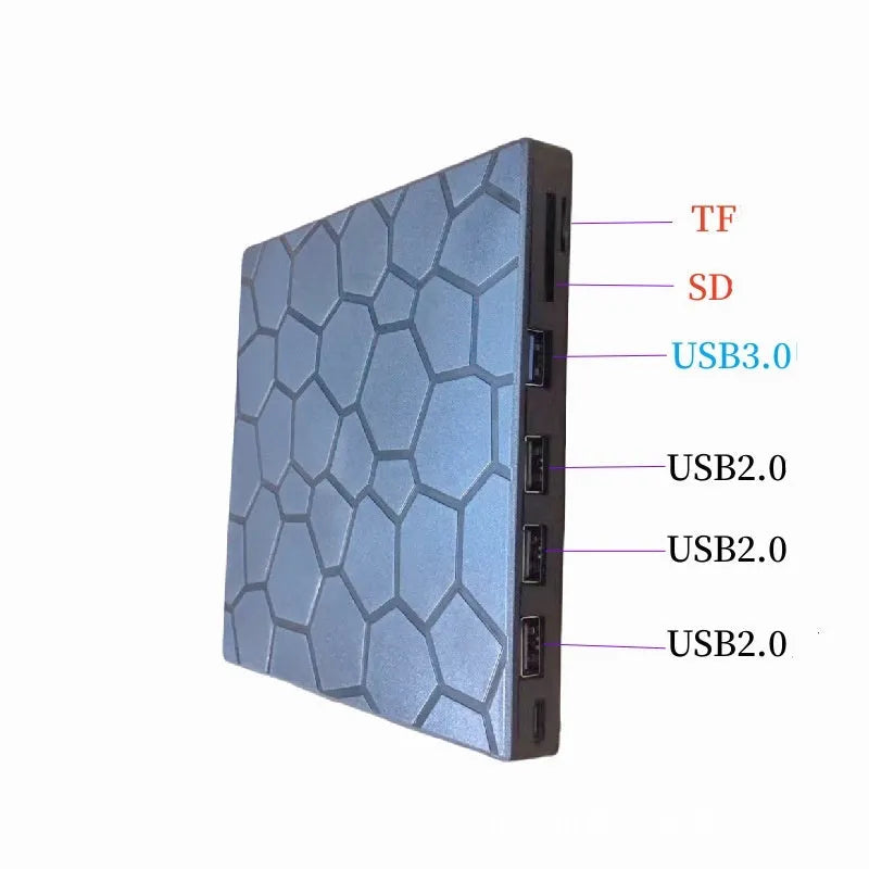 Black external USB CD DVD writer drive with compact slim design on a desk.