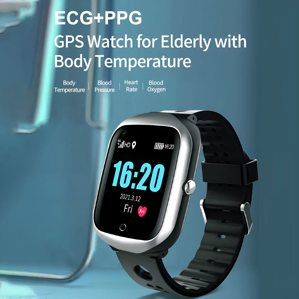Black GPS smartwatch for the elderly with square screen and silicone strap, showing SOS button.