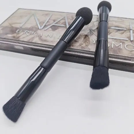 Double-headed miter sponge concealer brush with wooden handle and black artificial fibers