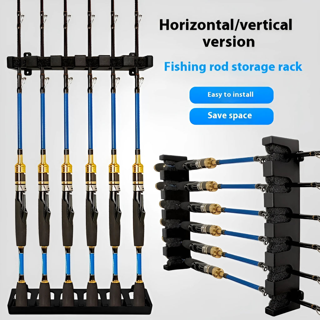 Black ABS plastic wall-mounted fishing rod holder for vertical rod storage organisation
