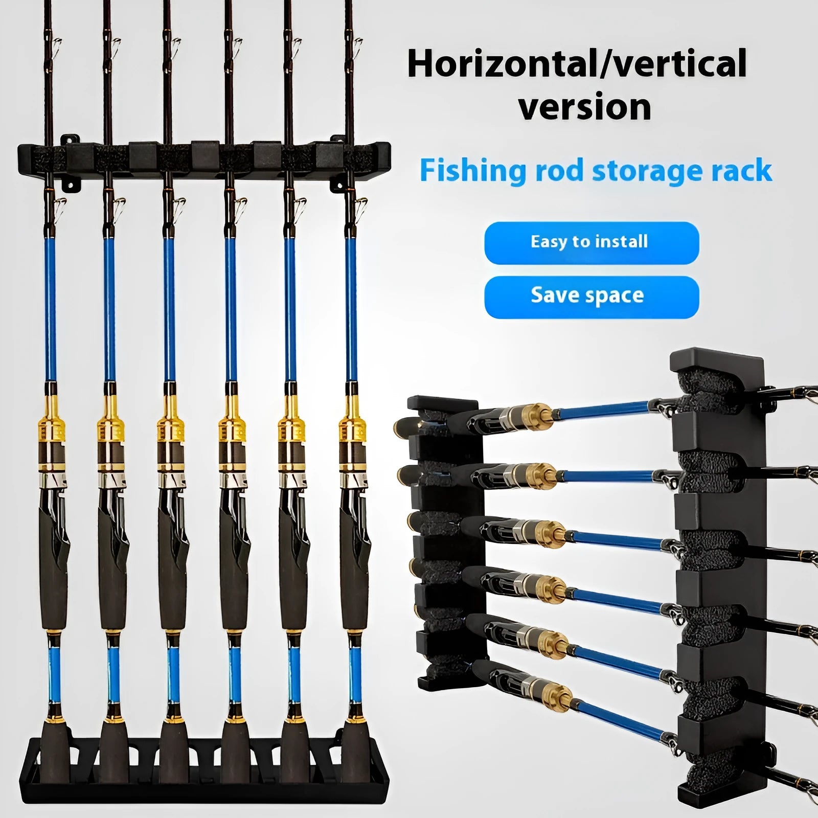Black ABS plastic wall-mounted fishing rod holder for vertical rod storage organisation