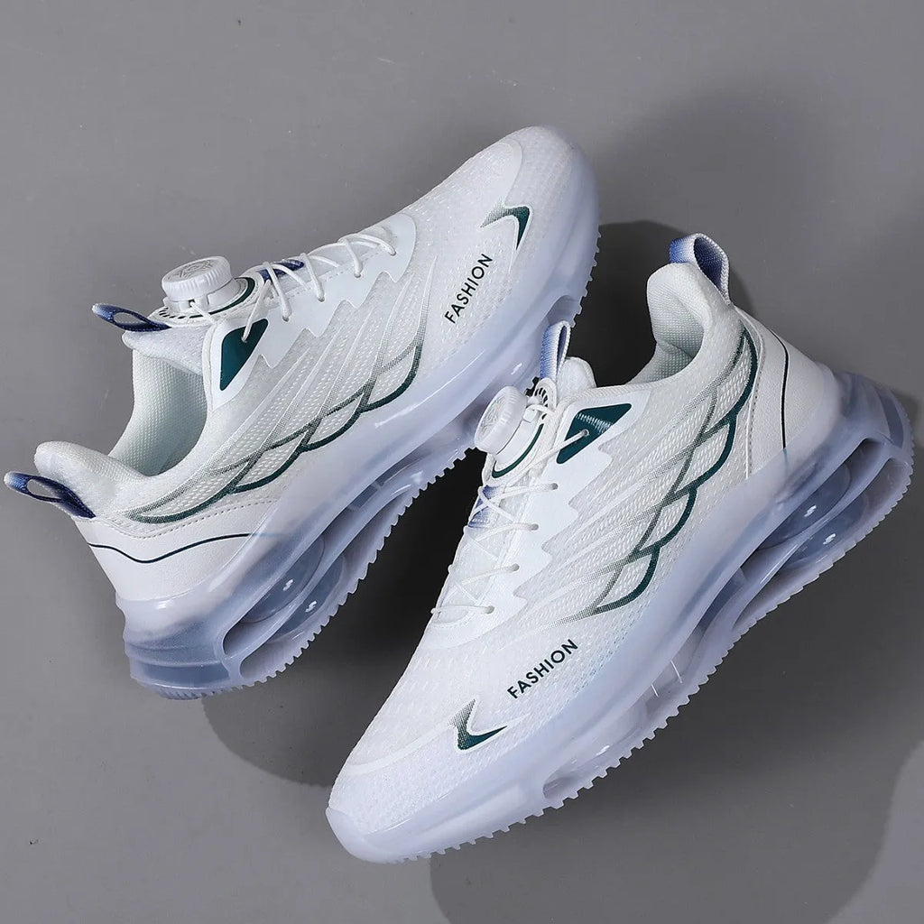 White men's casual sneakers with rotating button lace system and mesh upper in Korean style design