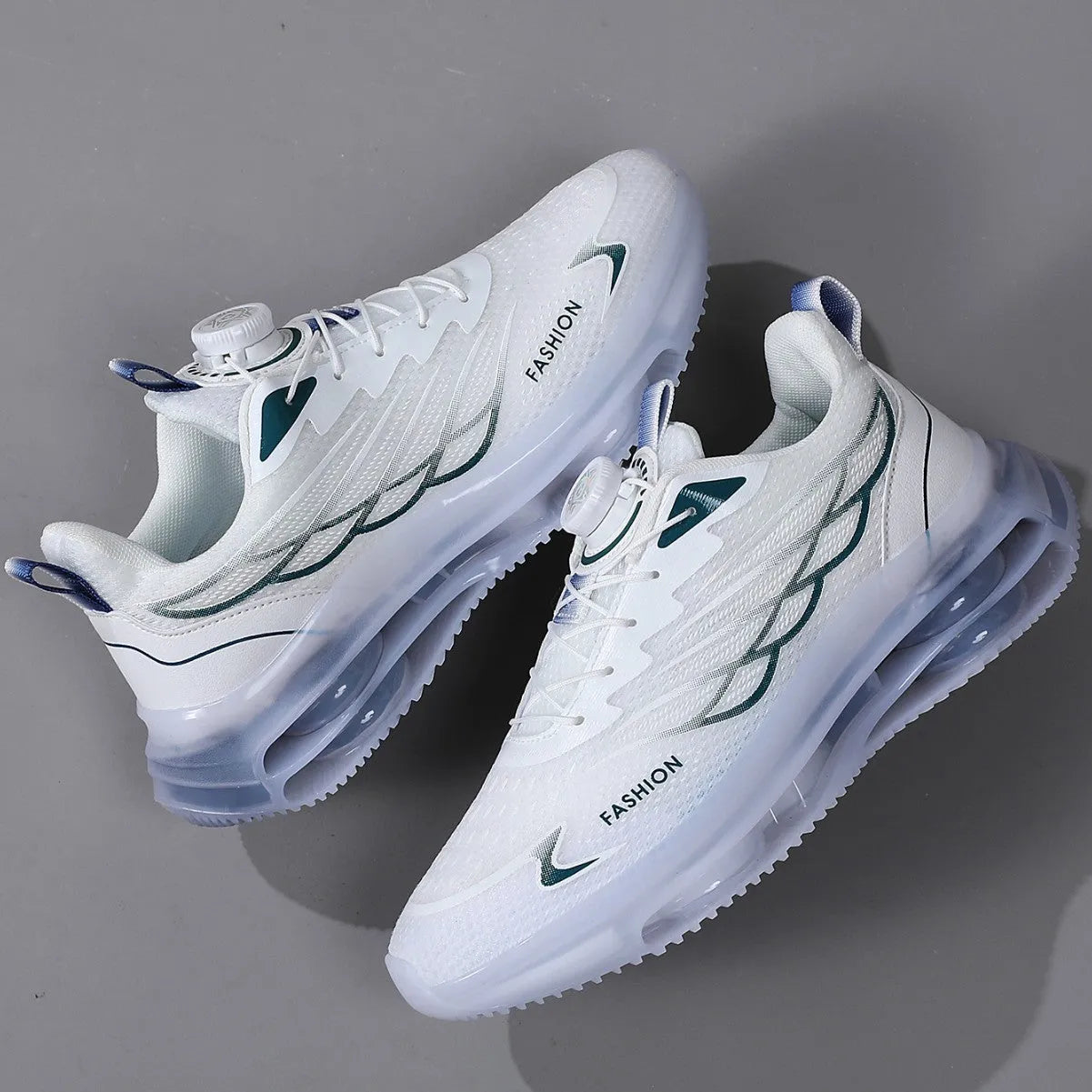 White men's casual sneakers with rotating button lace system and mesh upper in Korean style design