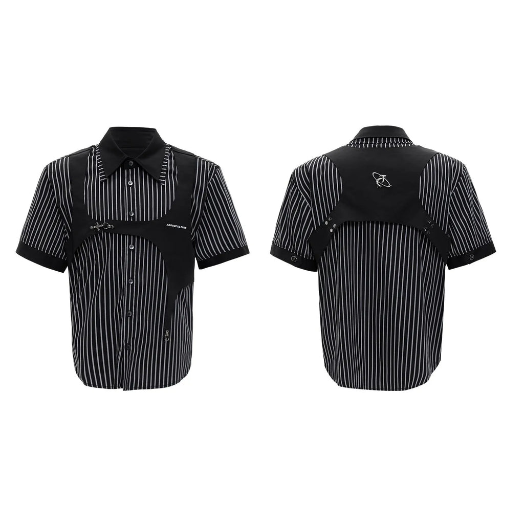 Man modelling a black and white striped cotton shirt with a double collar design and short sleeves.