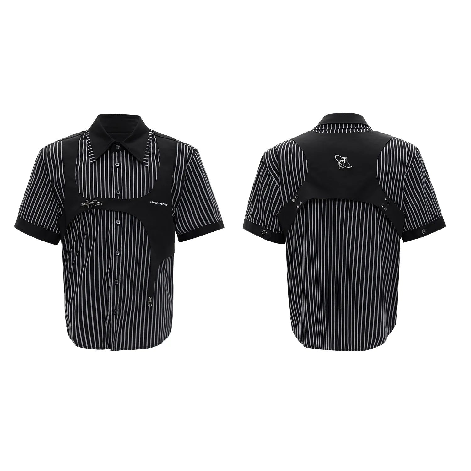 Man modelling a black and white striped cotton shirt with a double collar design and short sleeves.