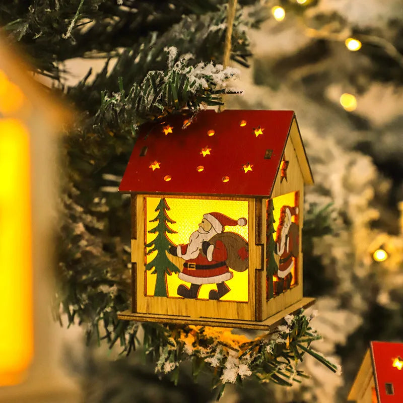 Decorative festive luminous wooden pendant 7cm x 7cm x 9cm, wooden ornament with wick and battery, Snowman B style