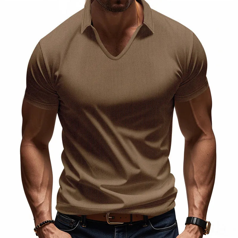 Men's light grey V-neck loose-fit short sleeve t-shirt on a hanger