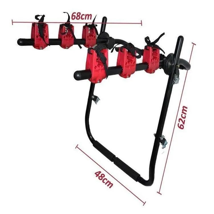 Black and red trunk mounted car bike holder rack showing rope tie and pull belt fastening options.