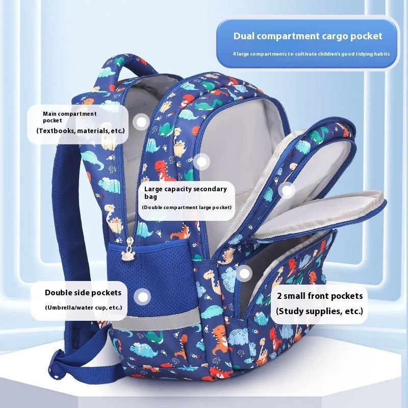 Blue dinosaur pattern children's waterproof school backpack with curved shoulder straps.