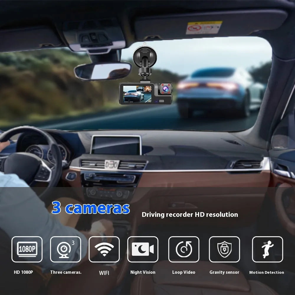 WiFi-connected car dash camera with 2.0-inch LCD screen showing front and rear recording capability