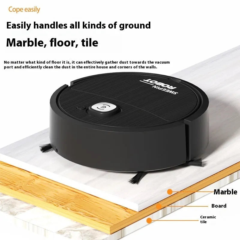 Mini sweeping robot vacuum in white with edge brush and fibre mop on hard floor