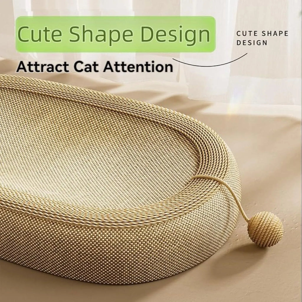 Large sisal cat scratching board with integrated lounge bed featuring adorable cat design