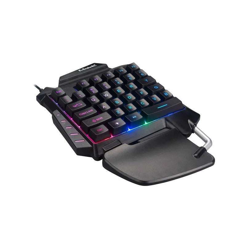 Black left-hand one-handed gaming keyboard for desktop PC with compact layout and USB cable.