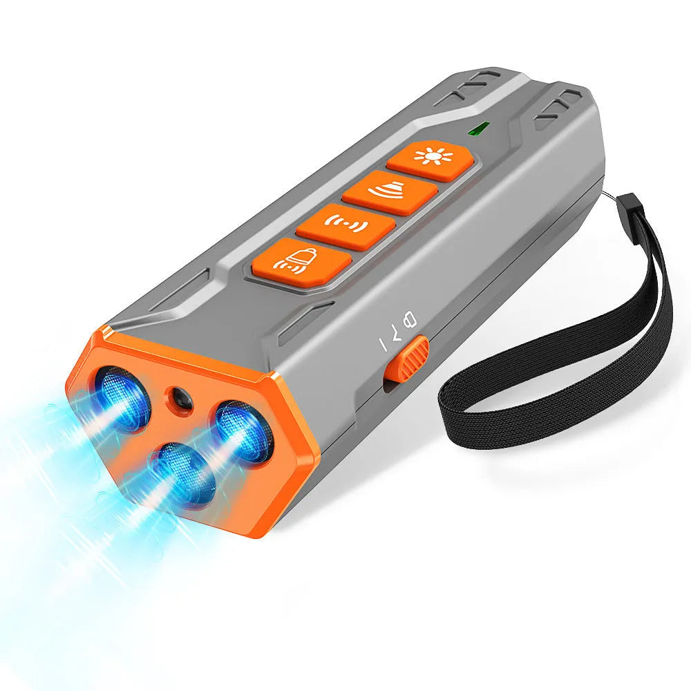 Three-head ultrasonic dog trainer in grey-orange colour with adjustable directional heads for pet behaviour management