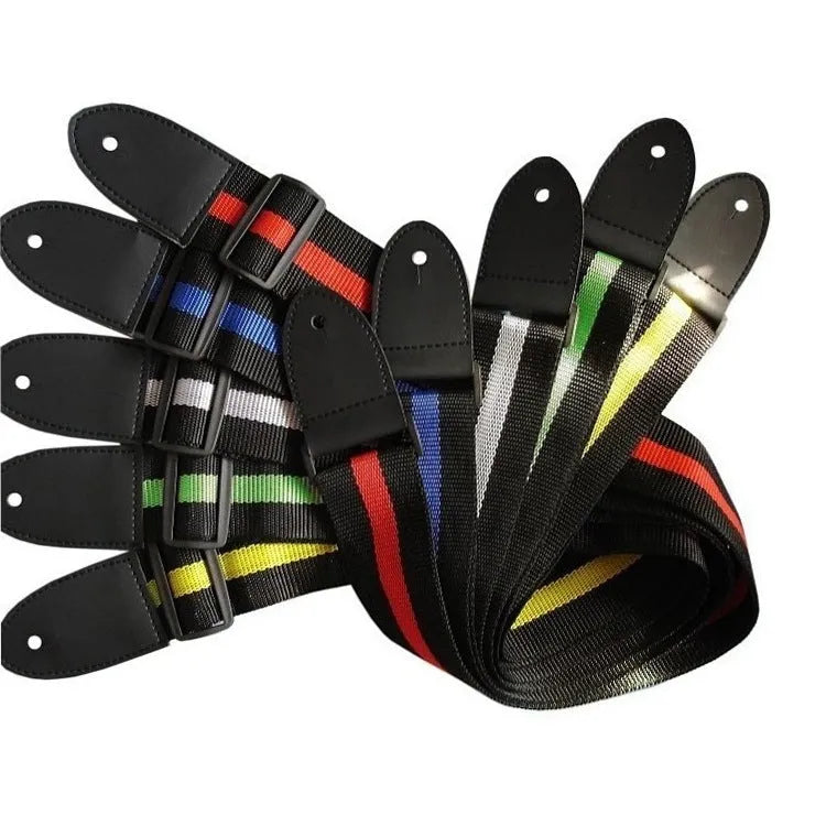 Woven crossbody instrument strap for guitars and ukuleles shown in multiple colour options.