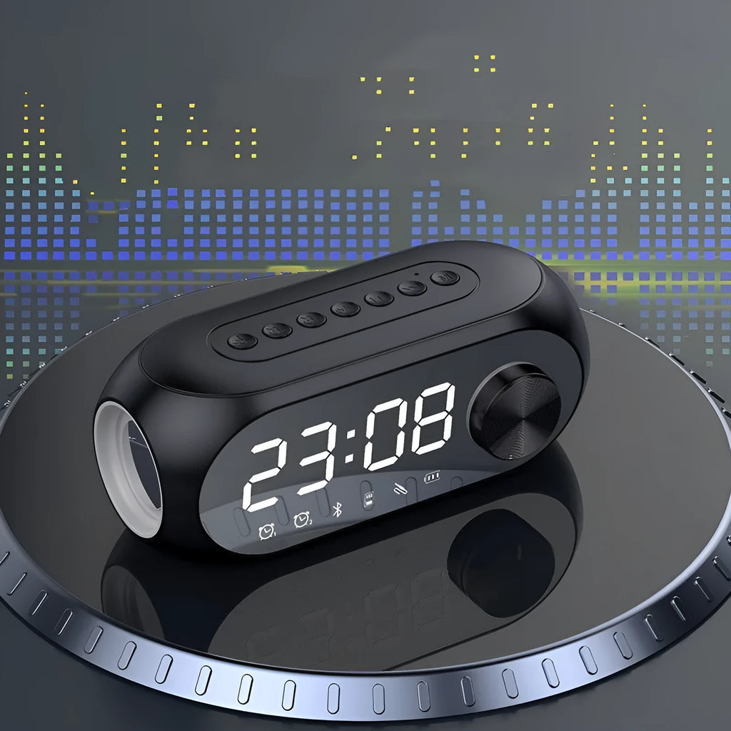 S8 black mini portable clock speaker with extra bass and USB charging cable
