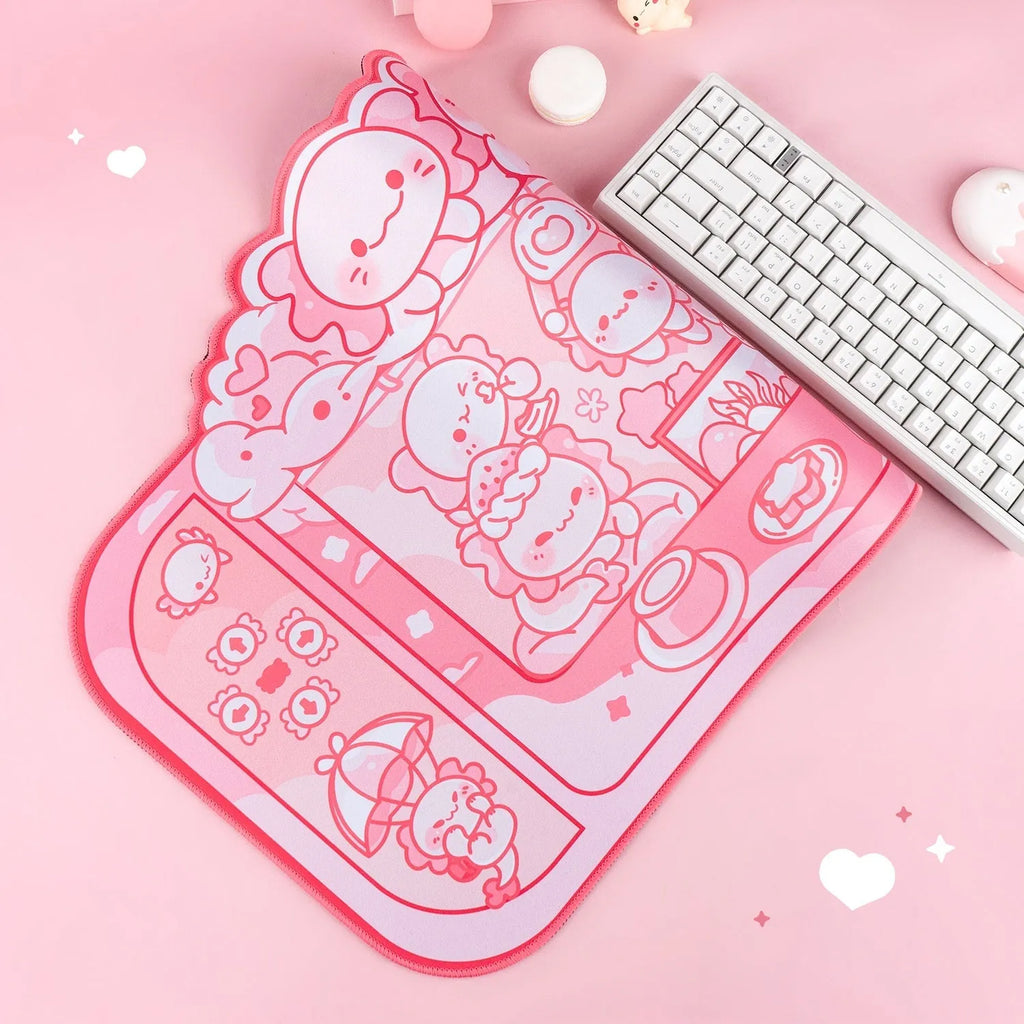 Hexagonal Dragon Crane Machine cartoon anime design on a large 75x40cm cloth mouse pad with wrist rest.