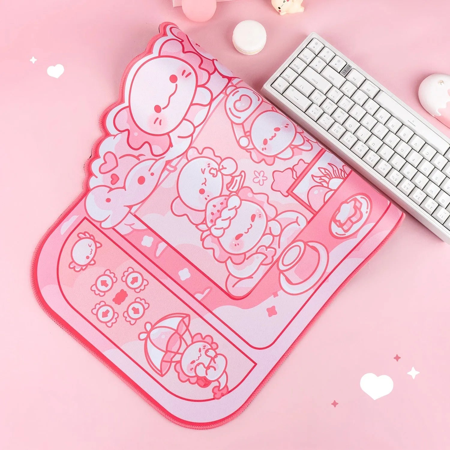 Hexagonal Dragon Crane Machine cartoon anime design on a large 75x40cm cloth mouse pad with wrist rest.
