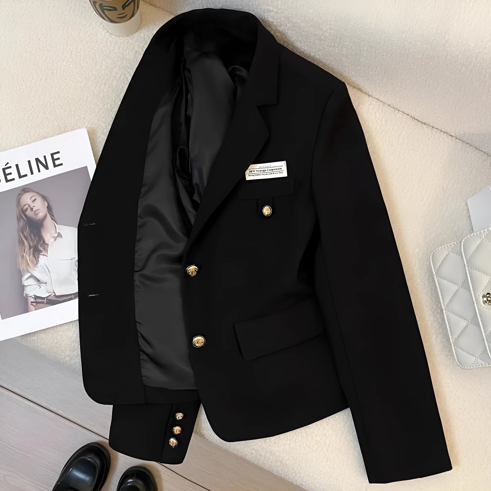 Black short suit coat for women with loose fit, long sleeves and pockets in solid color