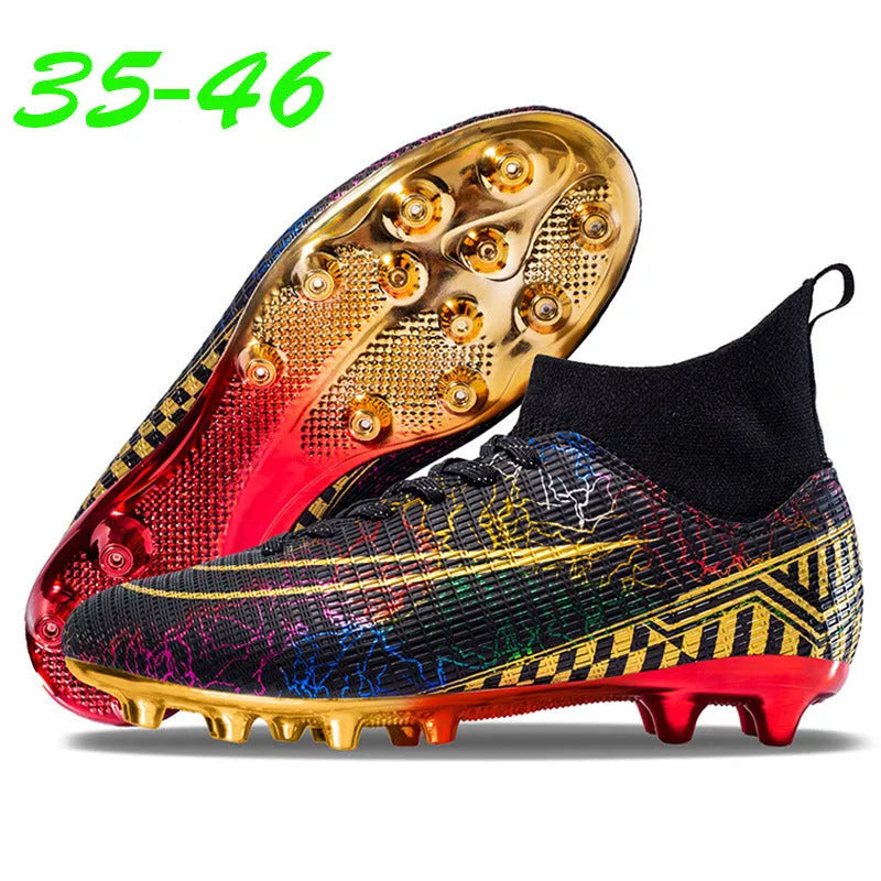 Men's high-top football training shoes with gold plated bottom on PVC sole, in white, black, and mandarin duck colours.