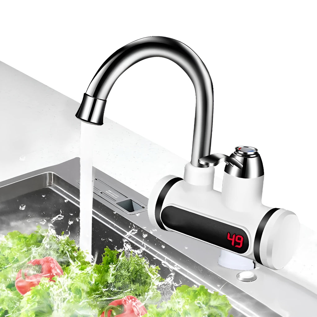 White electric instant water heater with digital temperature display for kitchen installation