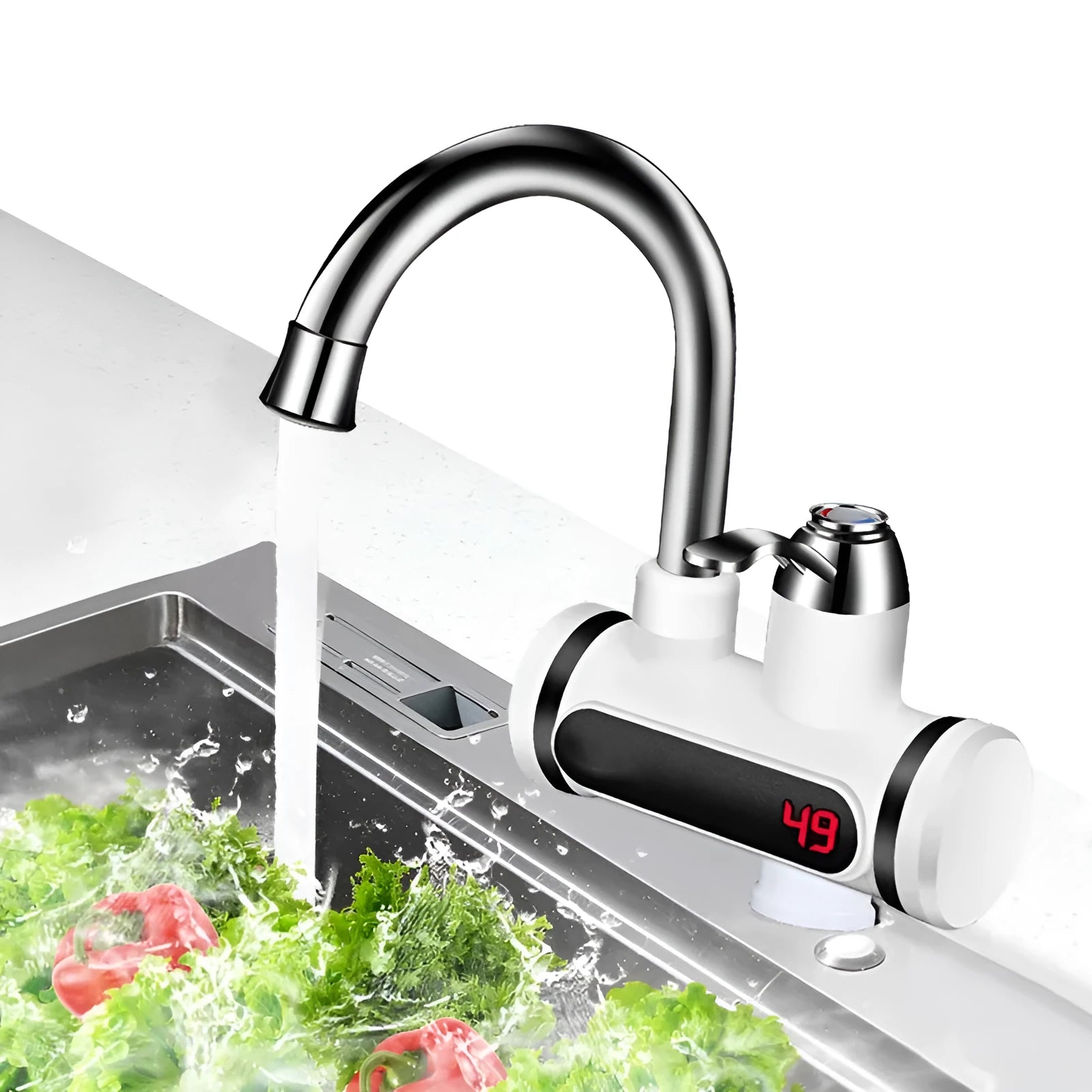 White electric instant water heater with digital temperature display for kitchen installation