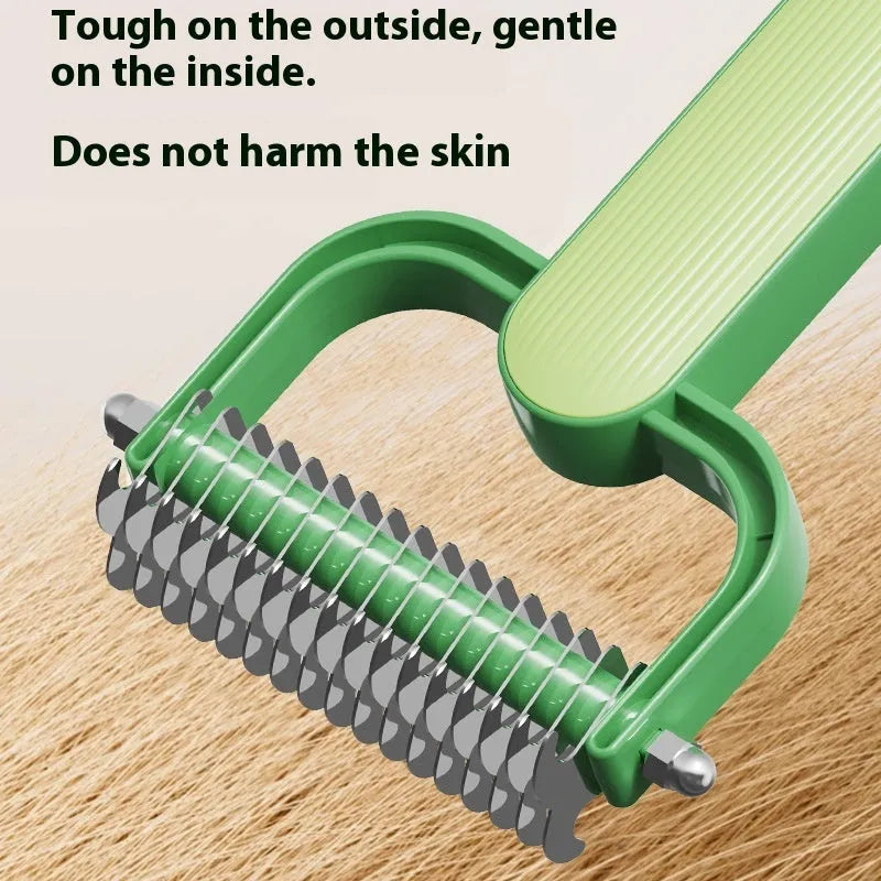 Green and grey dog detangling comb with stainless steel teeth on a PP plastic handle, shown in small and large sizes.