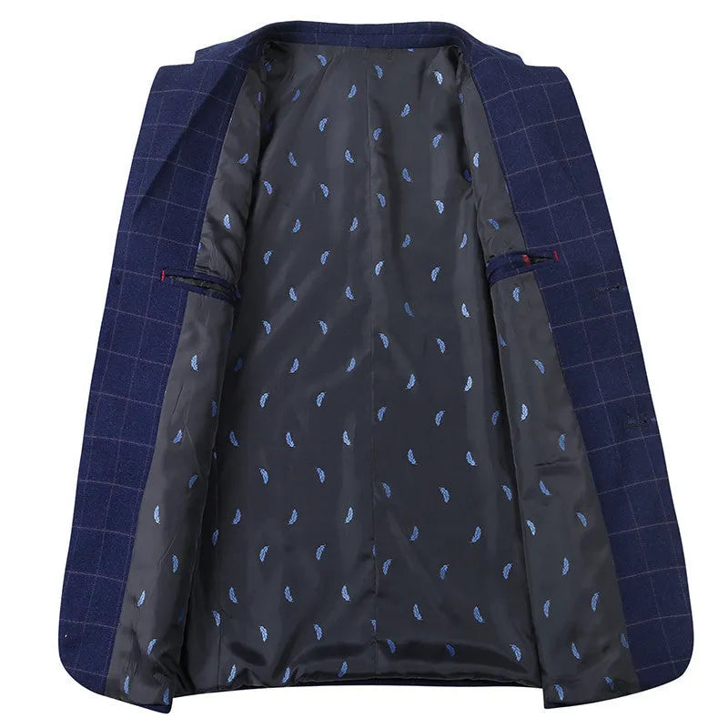 Men's loose fit plaid leisure coat in blue with patch pockets, long sleeves, and straight hem