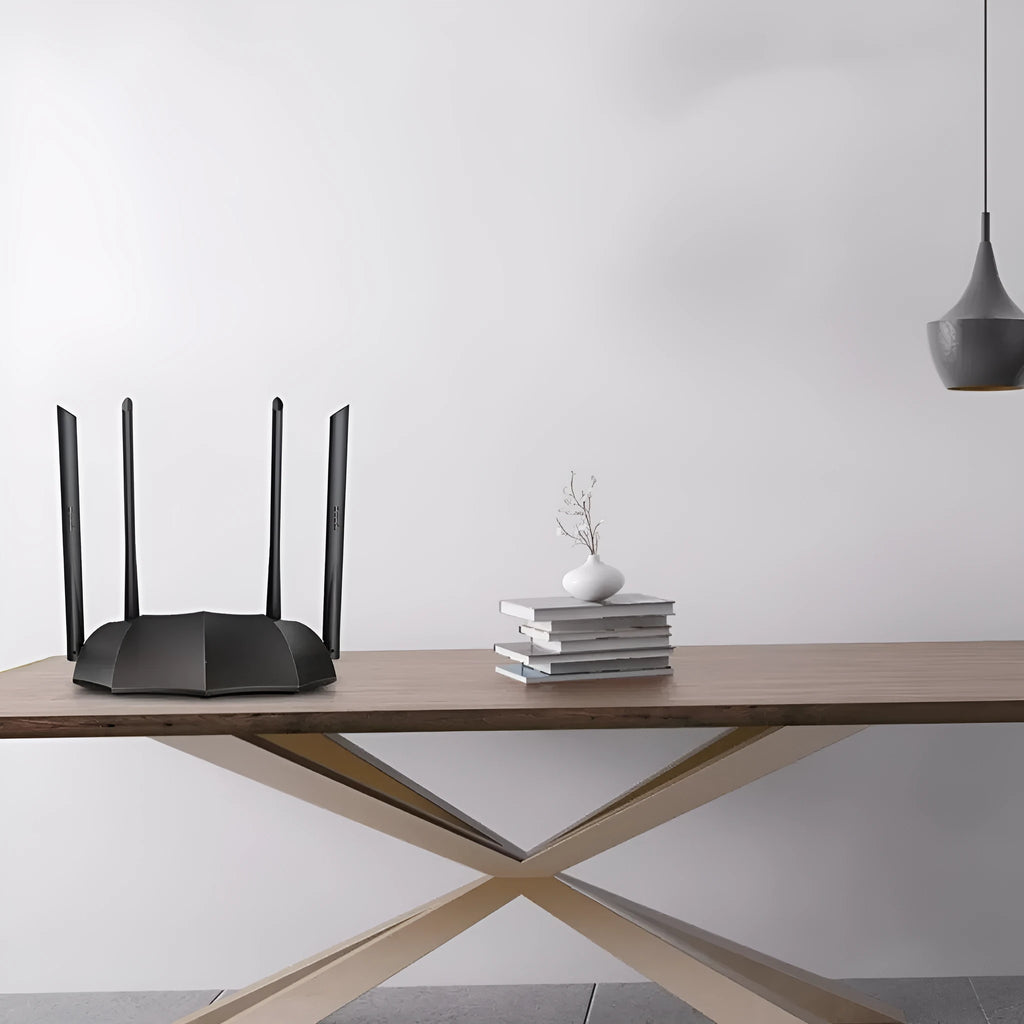 AC8 dual-band wireless router with gigabit ports measuring 365x286x70mm