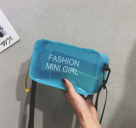 Transparent square jelly women's shoulder bag with an adjustable long strap, shown in multiple colours.
