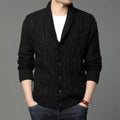 Korean style men's jacquard knitted cardigan jacket in dark grey on a hanger.