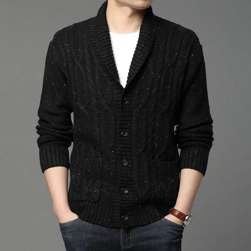 Korean style men's jacquard knitted cardigan jacket in dark grey on a hanger.