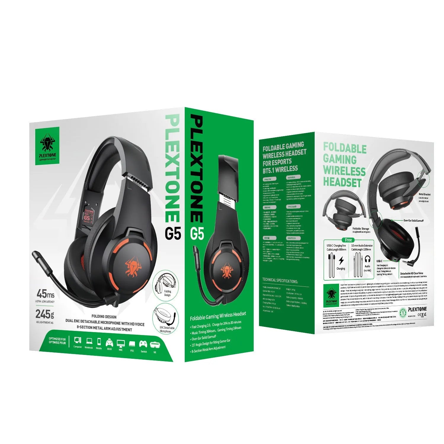 G5 low latency foldable Bluetooth headset in cement grey with detachable microphone and USB-C cable