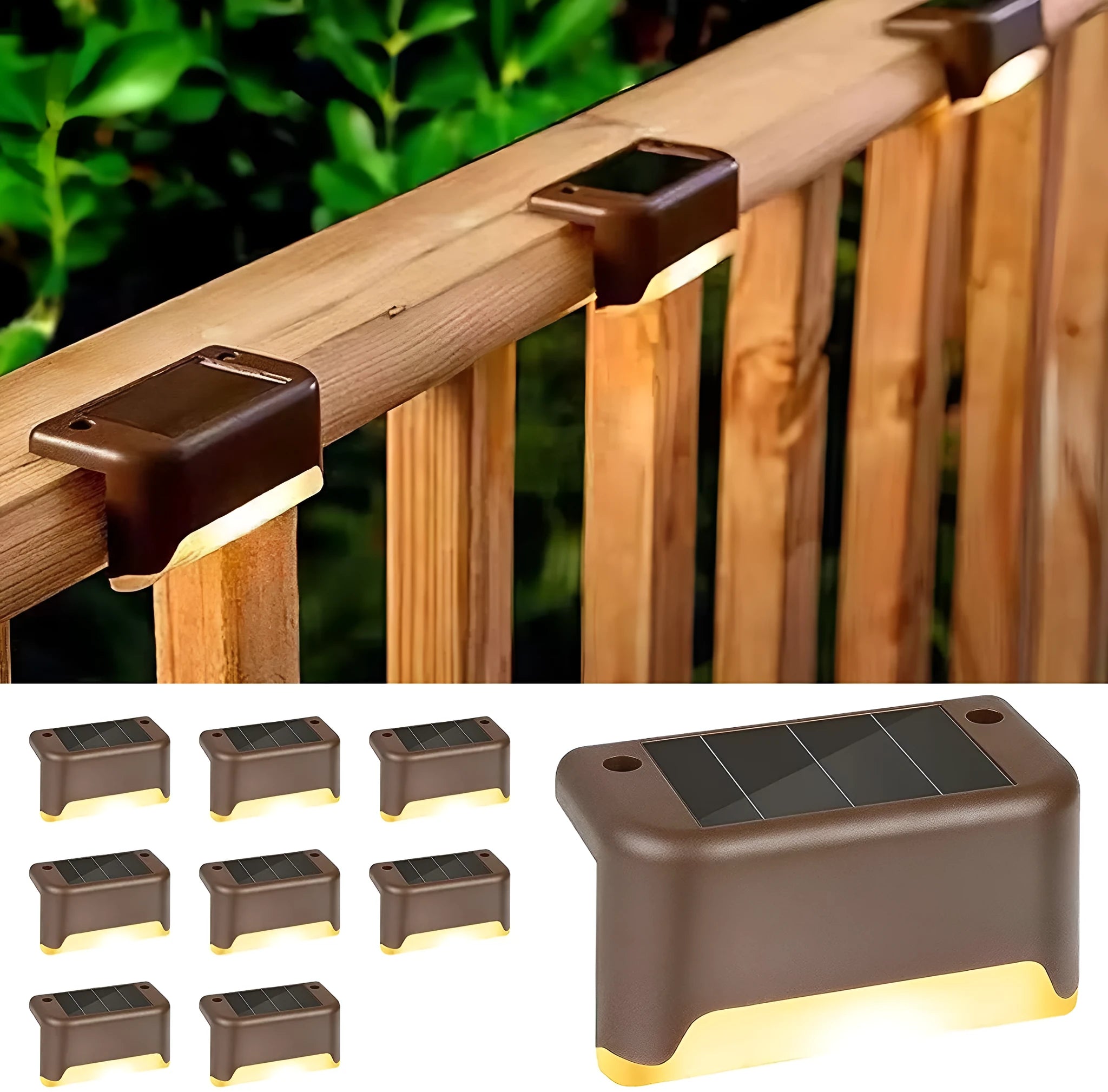 Outdoor solar LED guide light in brown for garden stairs and deck steps, warm light, pack of 4