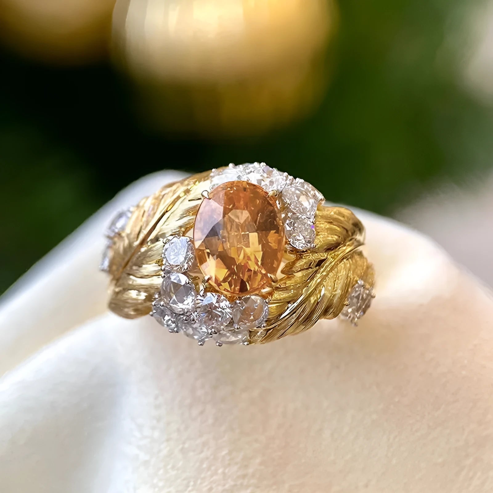 Gold-coloured copper women's ring with embossed feather design and inlaid yellow zircon stone.