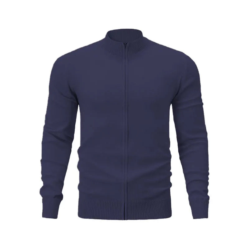 Men's loose fit cotton zip-up sweater with a stand collar in a solid colour