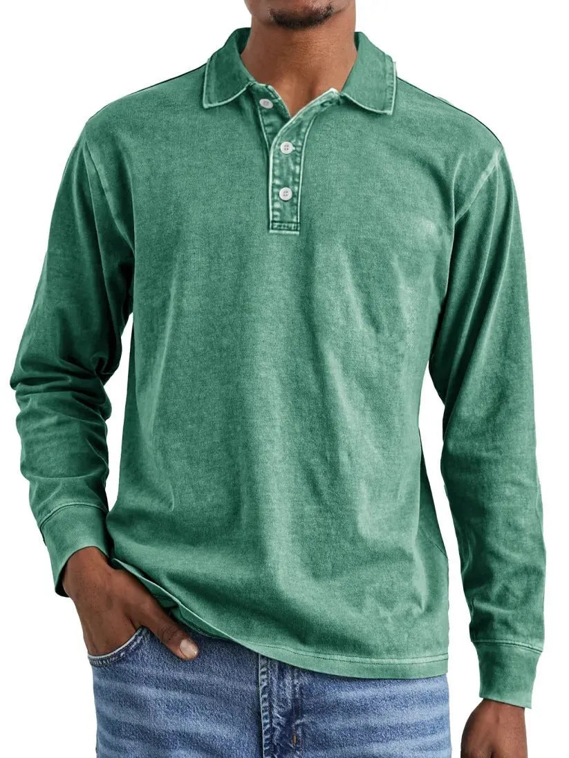 Men's retro washed distressed cotton lapel polo shirt in army green, long sleeves.