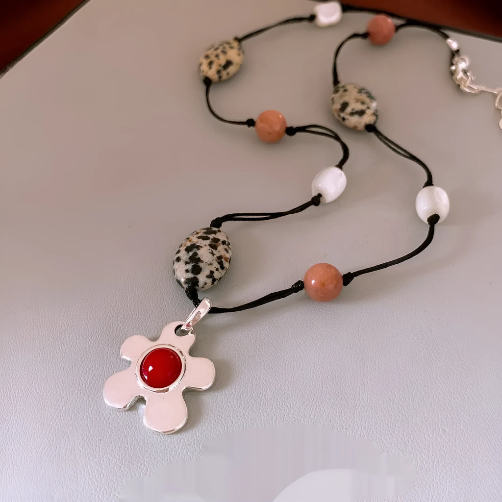 Stone shell beaded flower pendant necklace on adjustable 51-60cm electroplated alloy chain