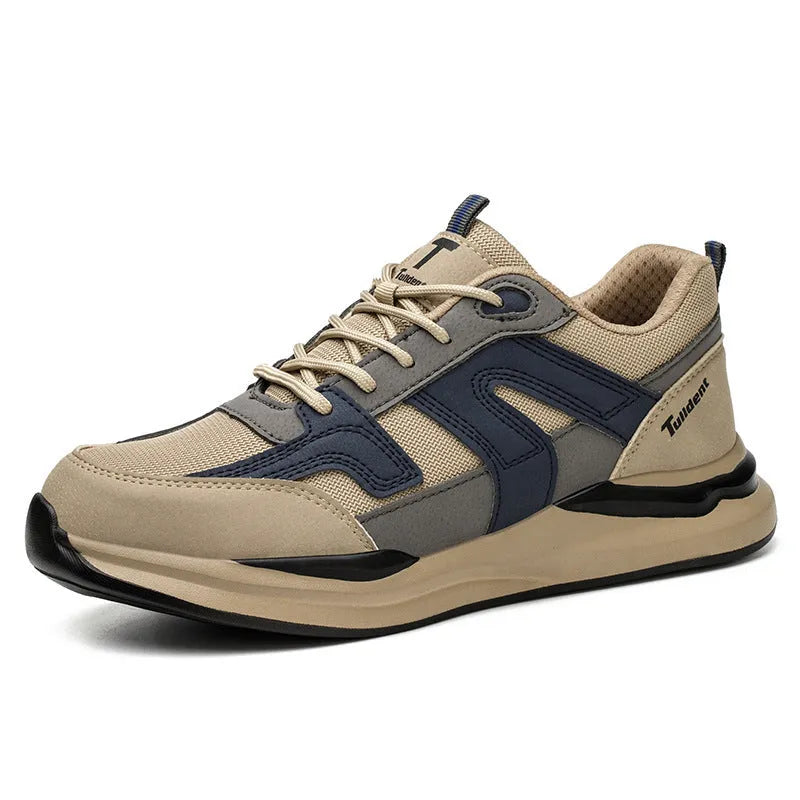 Summer breathable safety shoes for men cow leather khaki anti smashing anti stabbing low cut work shoes