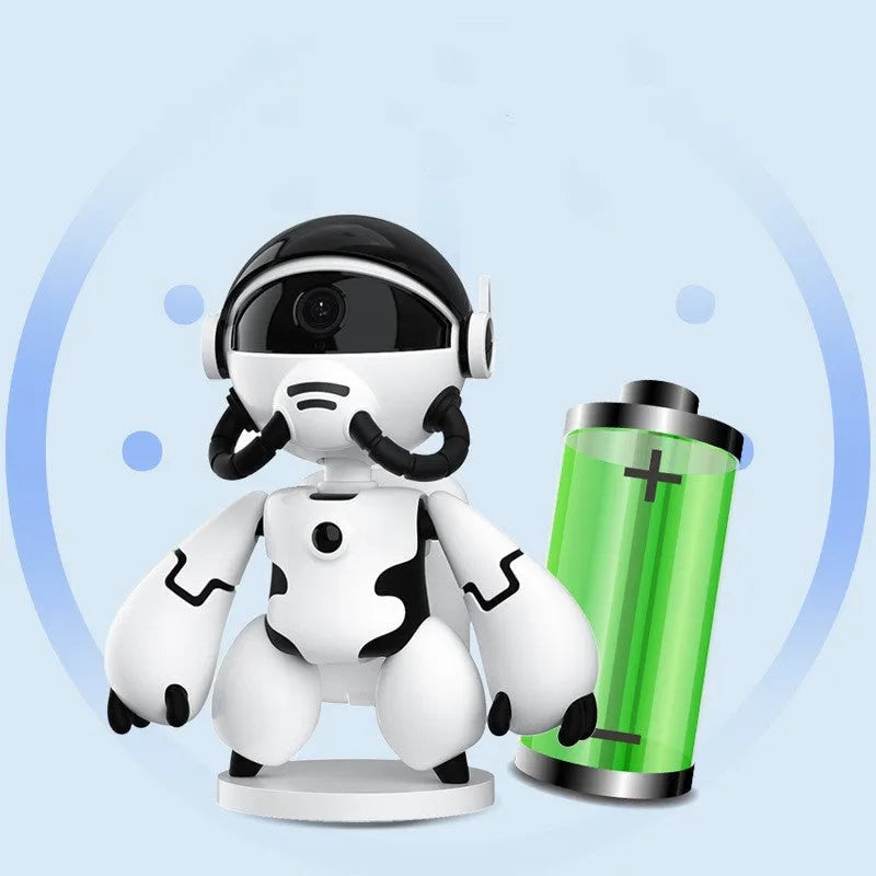 White or black Space Robot home security camera on a detachable base with anti-slip pads.